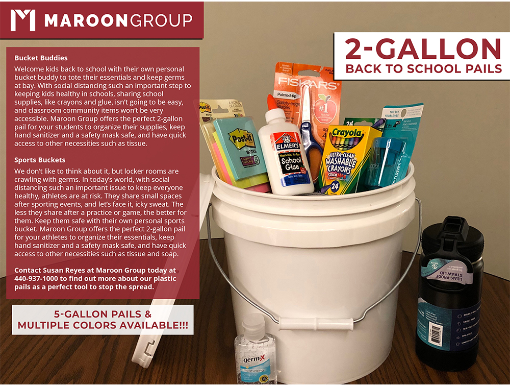 Plastic Pails | Back to School Sports Bucket  | Maroon Group